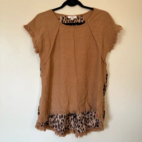 Umgee Brown Linen Leopard Print Blouse Size Small - Picture 1 of 14